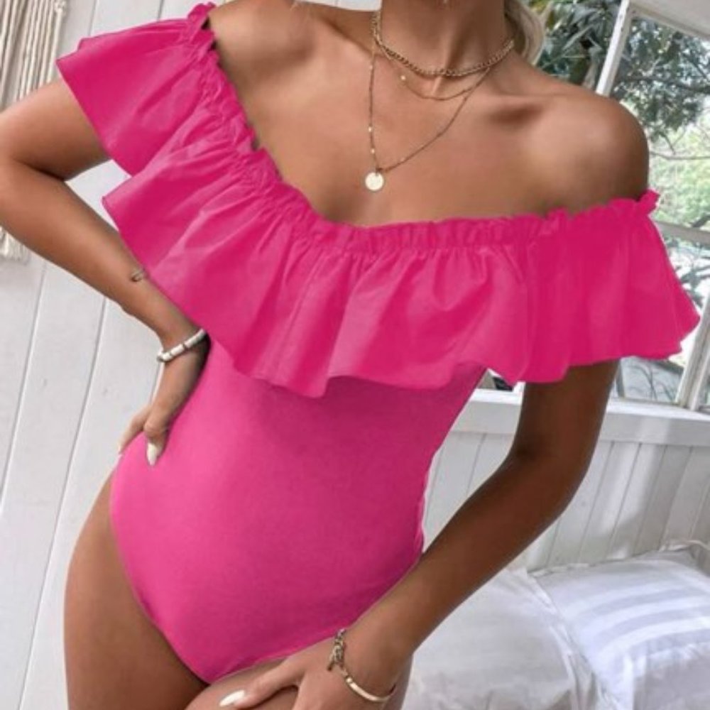 Off Shoulder Ruffle Trim Bodysuit - Hot Pink - Size 4